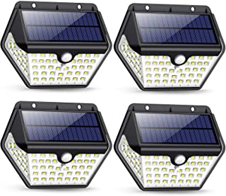 Luz Solar Exterior- [2019 Más Nuevo Modelo 60 LED - 800 Lumens] iPosible 270 °Iluminación de Cuatro Lados Foco Solar con Sensor de Movimiento Impermeable Lámpara Solar 3 Modos para Jardín 4-Paquete